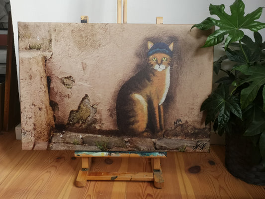 The Cat with the Blue Hat | Cat Art Flensburg | Canvas Print on Stretcher Frame