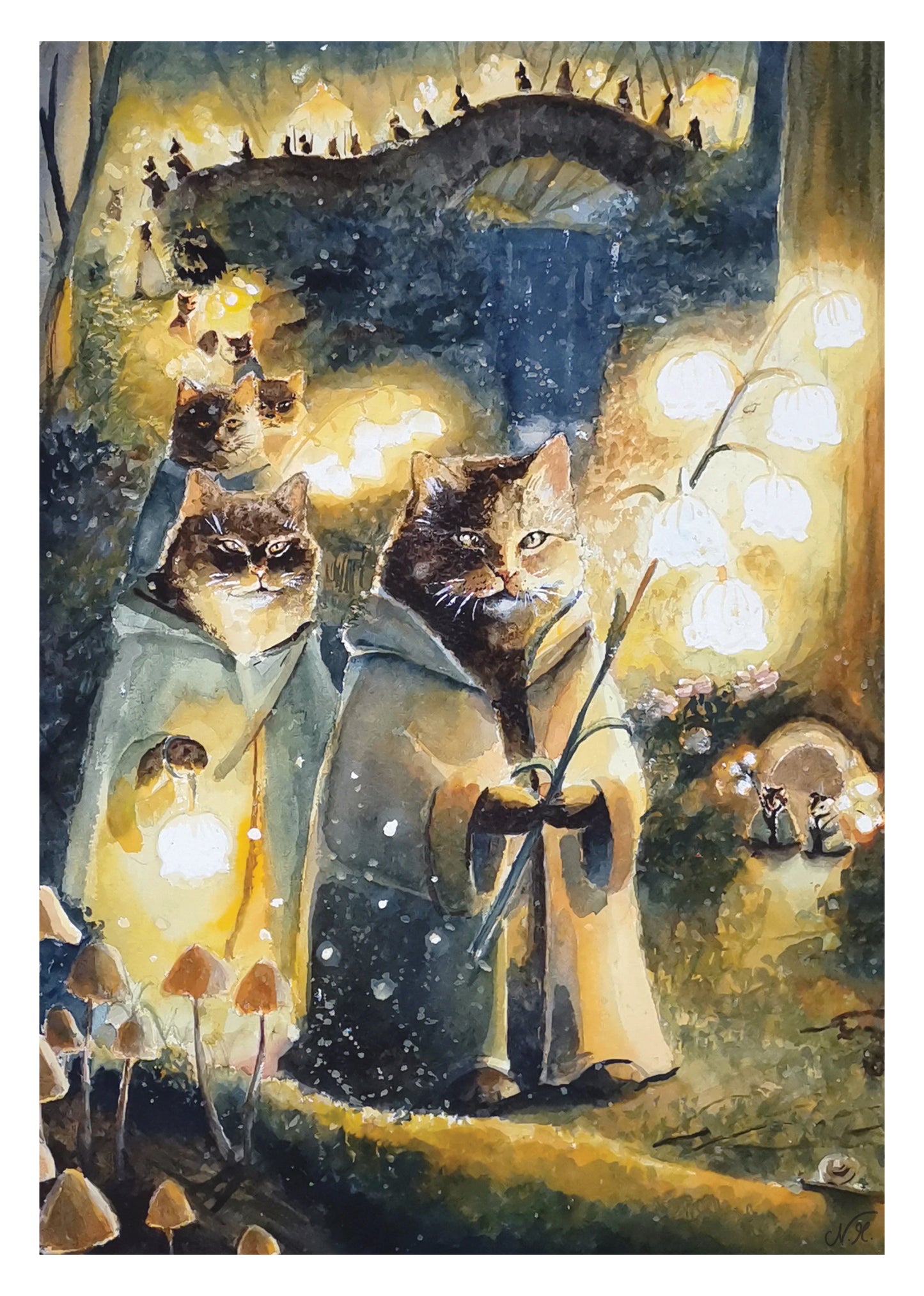 Lichterfest der Katzen | Kunstdruck mit Passepartout | DIN A 4