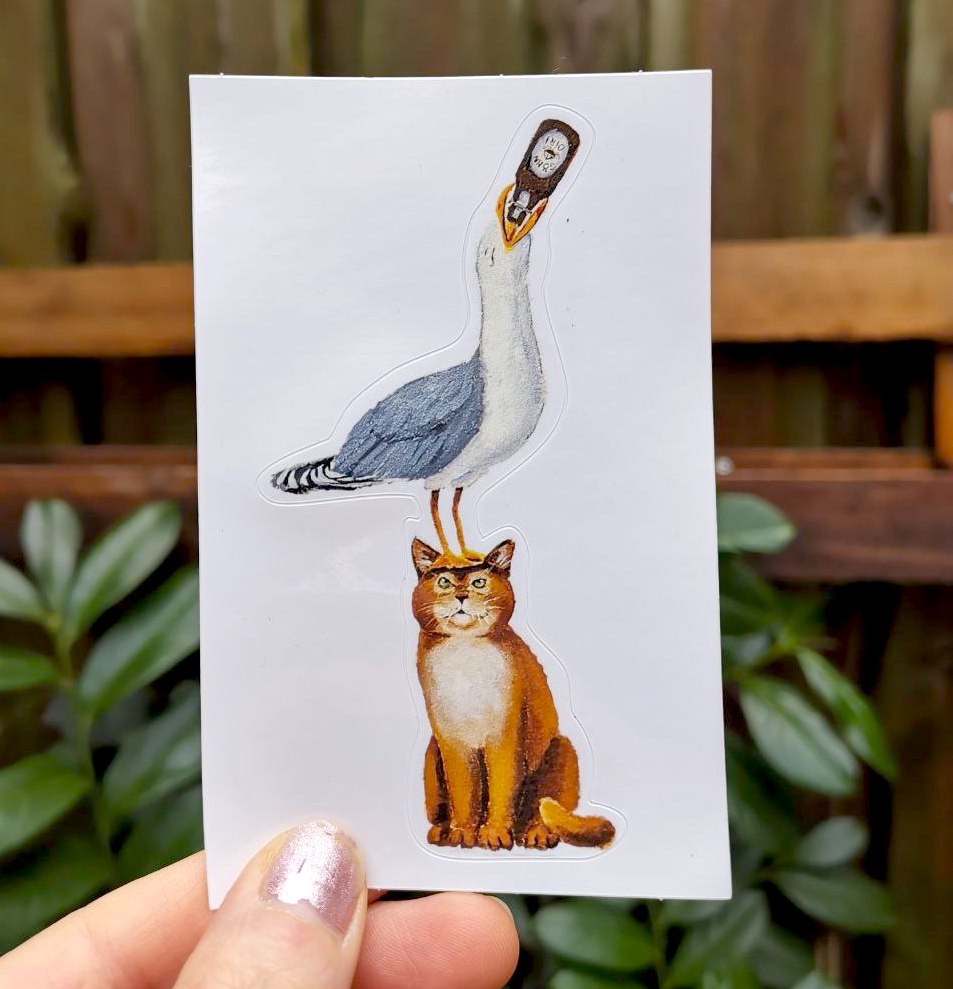 Sticker | Kater mit Möwe | 9,5 x 6,5 cm | Streetart Norderstraße Flensburg