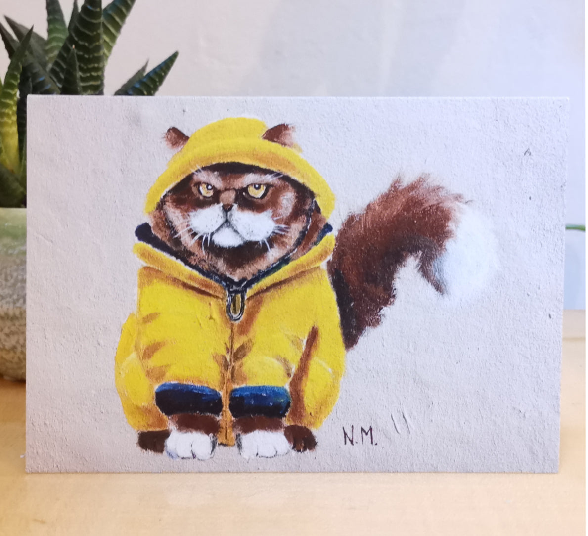 Postkartenset mit 5 verschiedenen Katzenmotiven aus der Norderstraße Flensburg – Katzenkunst, Streetart von der Katzenmalerin N.M. Flensburg, perfekt für Katzenliebhaber und Kunstsammler. Katze im Friesennerz. Grumpy Cat, Postkarte.