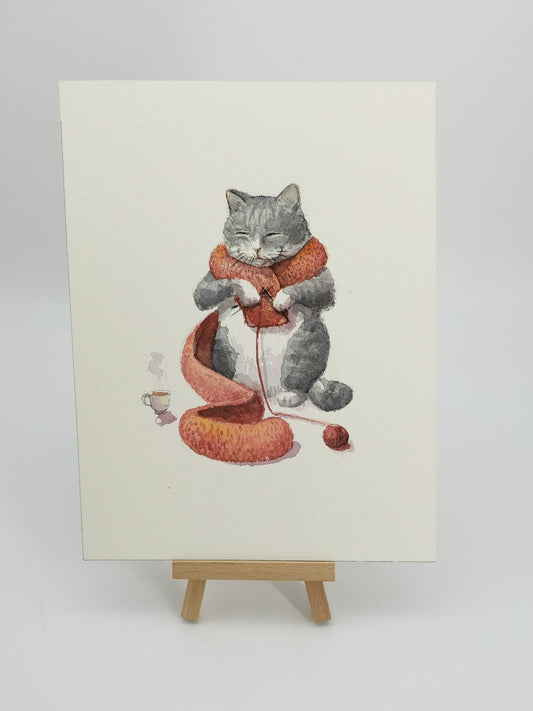 Little knitty Kitty | Aquarell Malerei | 15x 20 cm