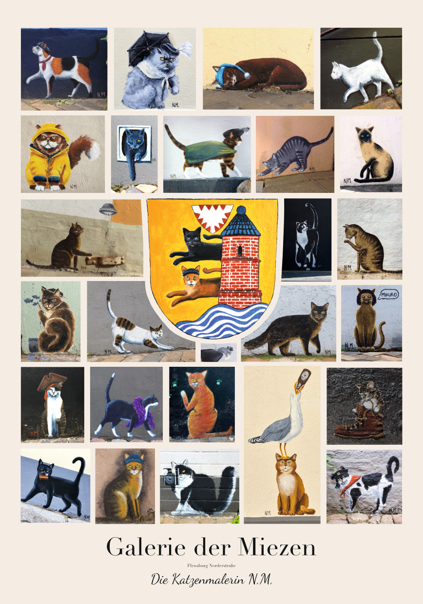Ein Poster mit allen Streetart Katzen aus der Norderstraße in Flensburg. Urbane Kunst als wunderschöne Collage. Alle Katzen sind auf dem Poster vereint. 