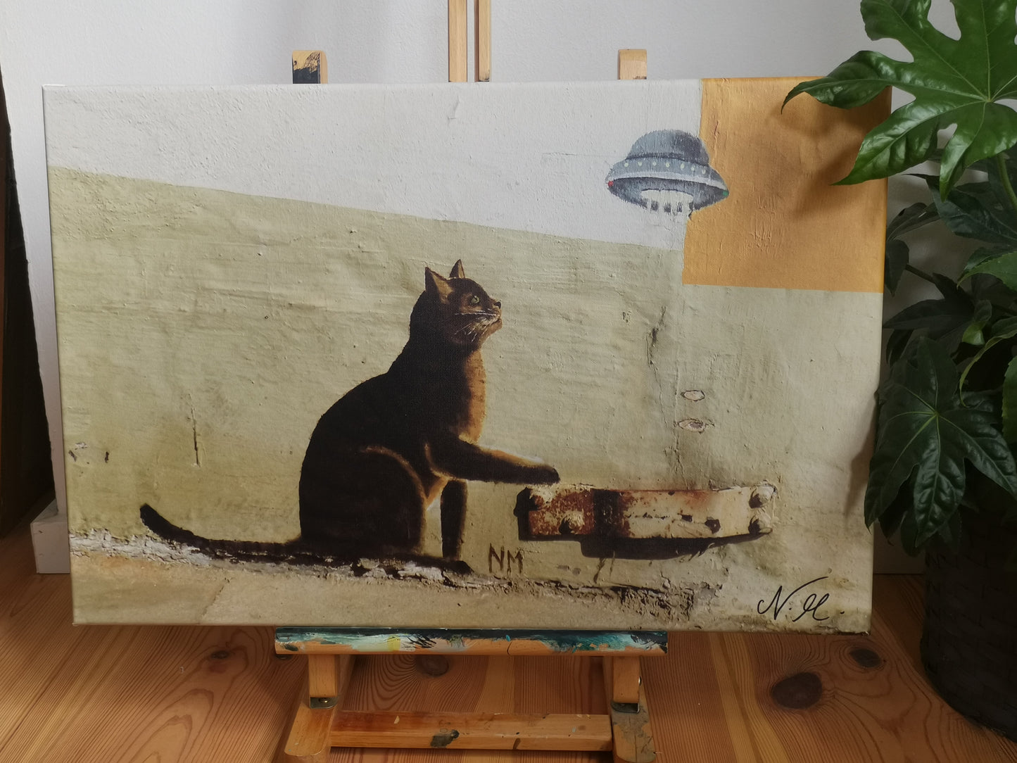 Die Katze und das Ufo | Katzenkunst Flensburg | Leinwanddruck auf Keilrahmen