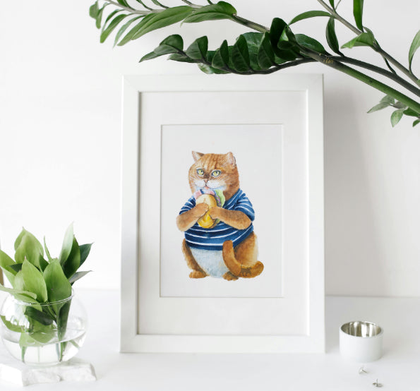 Tomcat Ulf loves fish sandwiches | Watercolor illustration | DIN A4