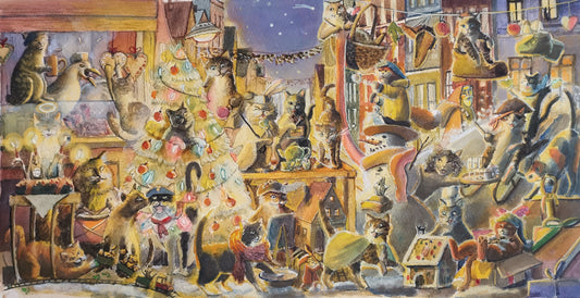 Weihnachtskarte mit ganz vielen Katzen. Es sind die Streetart Katzen aus der Norderstraße Flensburg als Aquarell Illustration und warmen Farben gestaltet. Jede Katze macht etwas anderes weihnachtliches. Kekse backen, Lebkuchenhaus bauen, Sternschnuppen sieht man, Ein Katze mit Schneeball, eine Punschbude. Individuelle Karten und ein gutes Geschenk.